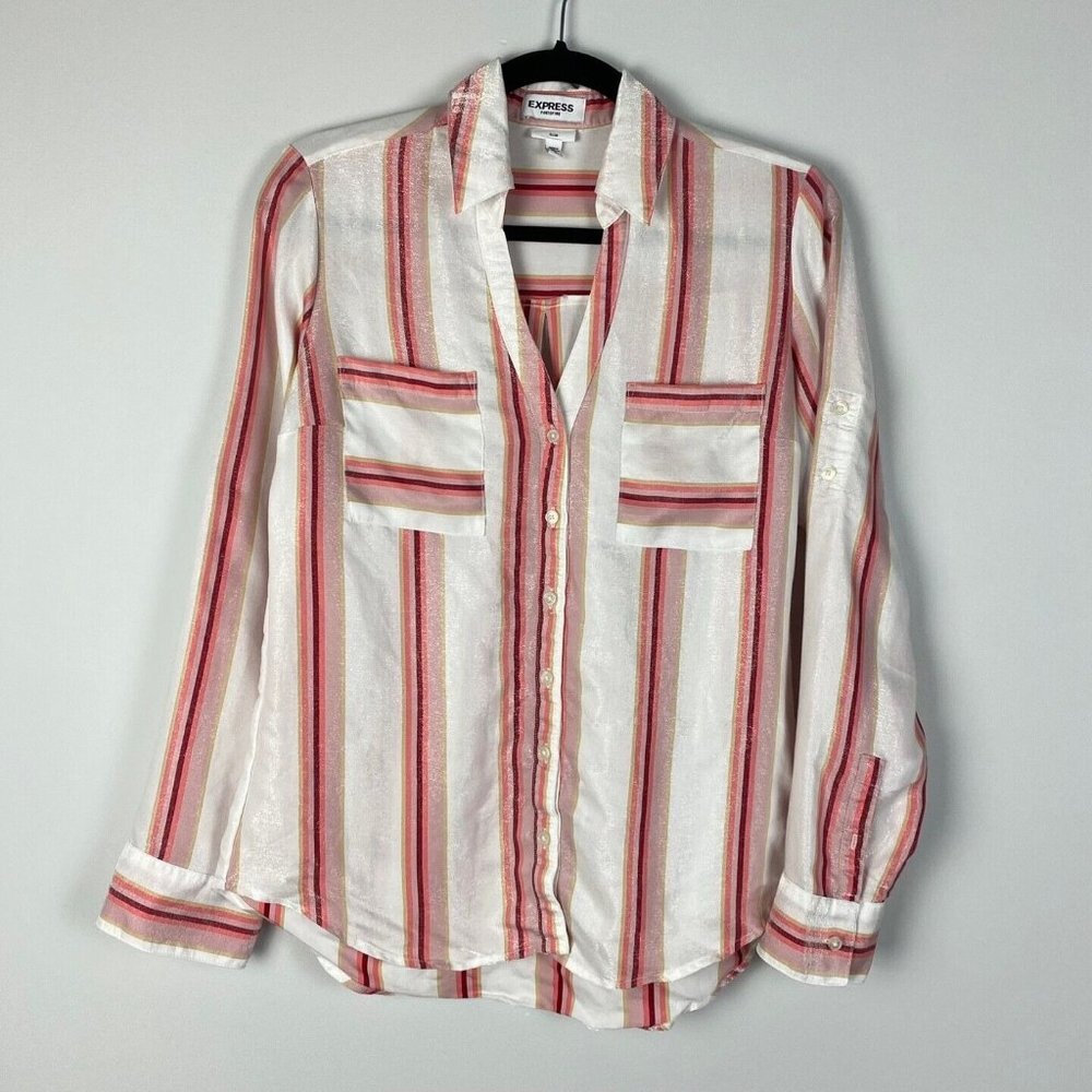 Express The Portofino Shirt Slim Fit Womens Multicolor Stripe Shimmer Size Small